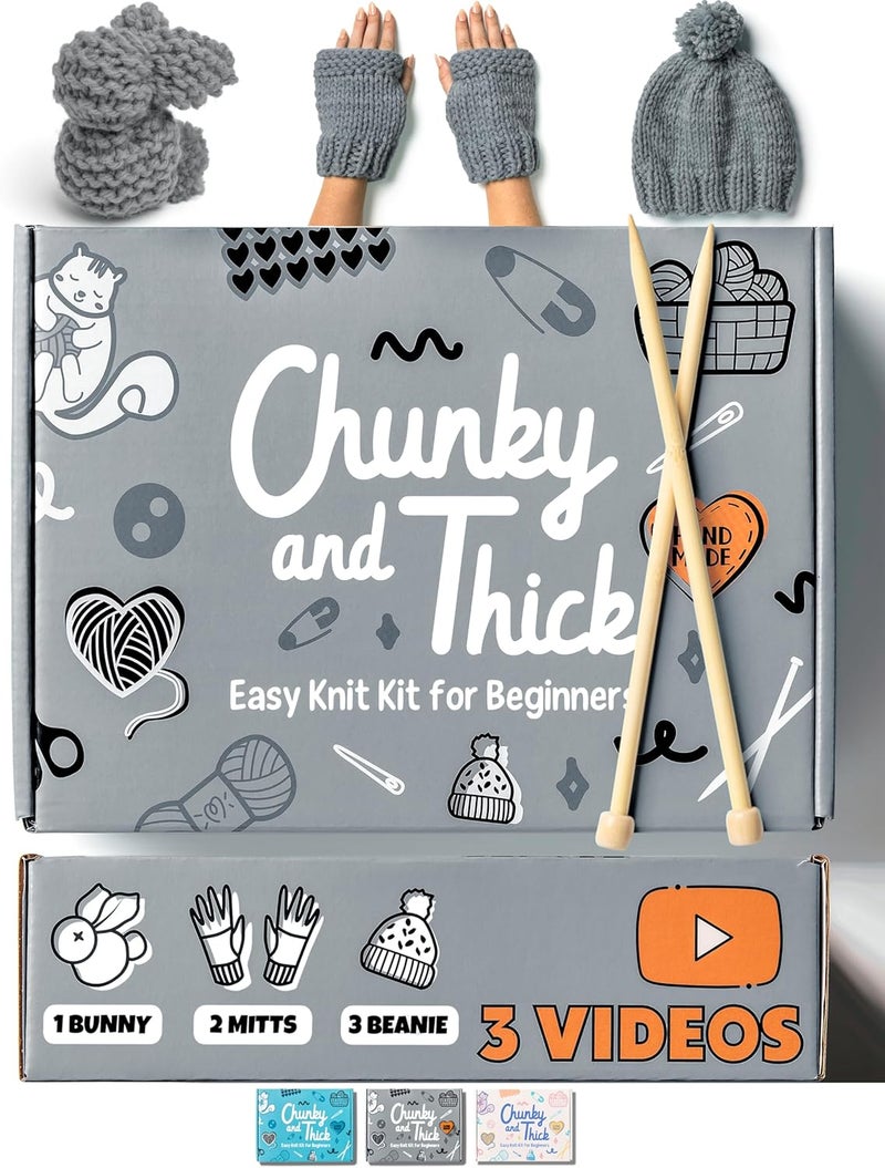 Granny Squirrel Complete Knitting Kit for Beginners - Learn to Knit Kit with Knitting Accessories Like Thick Beginner Yarn in Gray, Bamboo Needles for Beginners & More - Includes Video Tutorials & Written Guide - Image 1